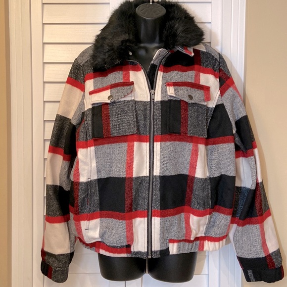 Torrid Bomber Plaid Jacket with removable fur collar NWT